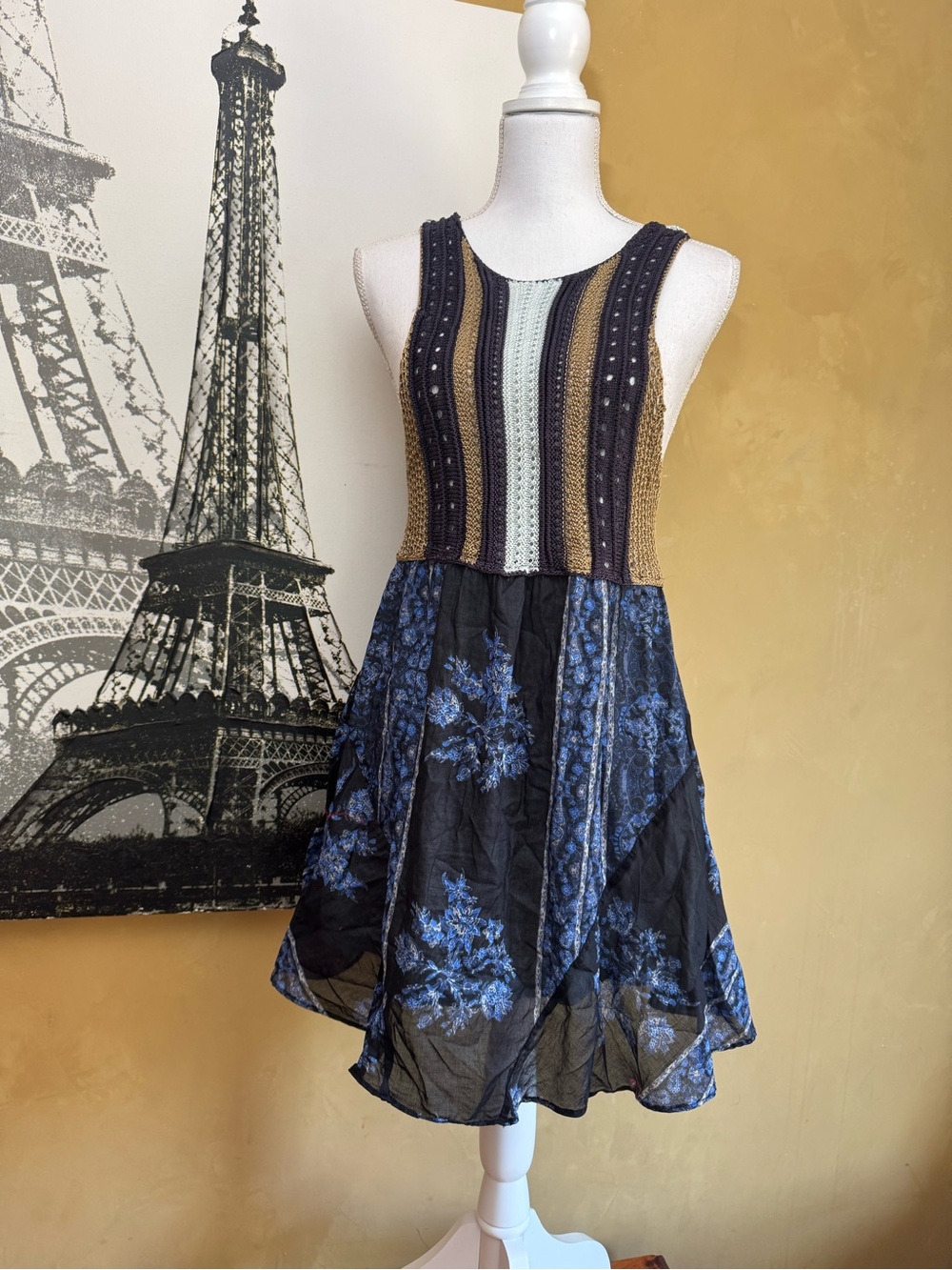 Free People Boho Multicolor Striped Knit & Floral Mix-Media Dress